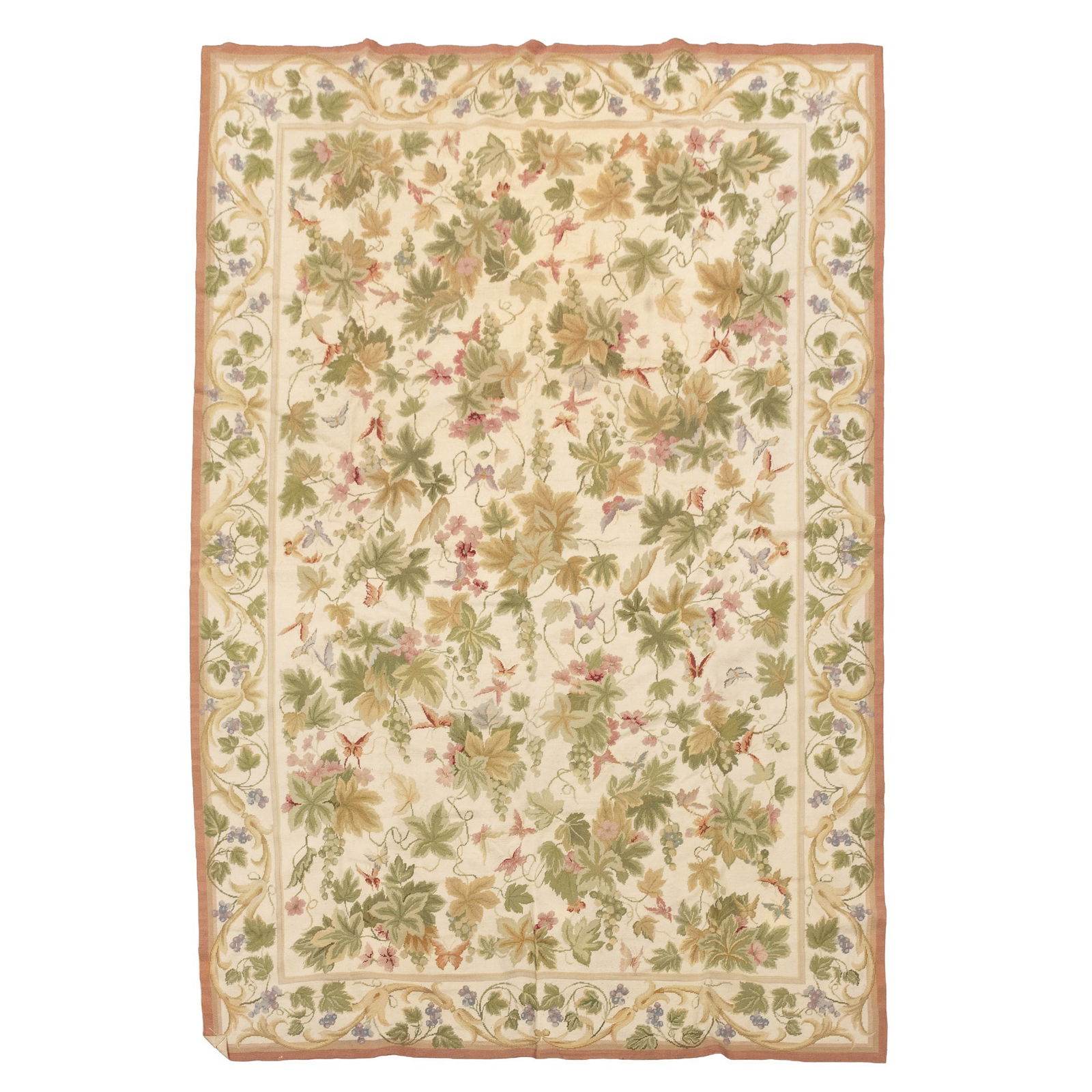 Needlepoint Carpet: China, Contemporary The overall pattern of polychrome sprays on the ivory field is within a meandering floral vinery border. (109" x 73" ) Light Stains