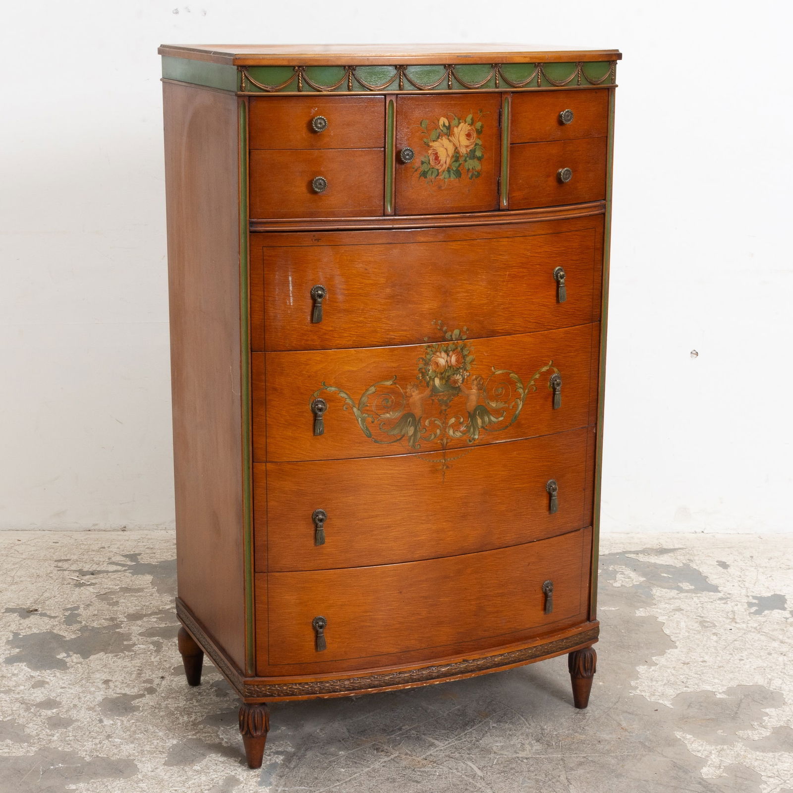 Edwardian Style Paint Decorated Satinwood Tall Chest (1 of 5)