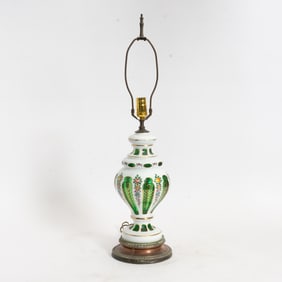 Bohemian Glass Painted and Green Glass Lamp
