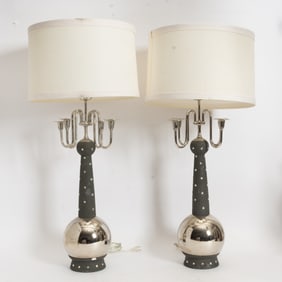 Pair of Mid-Century Modern Mercury Glass and Pottery Lamps