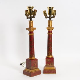Pair of Red Lacquered and Parcel Gilt Columnar Form Lamps