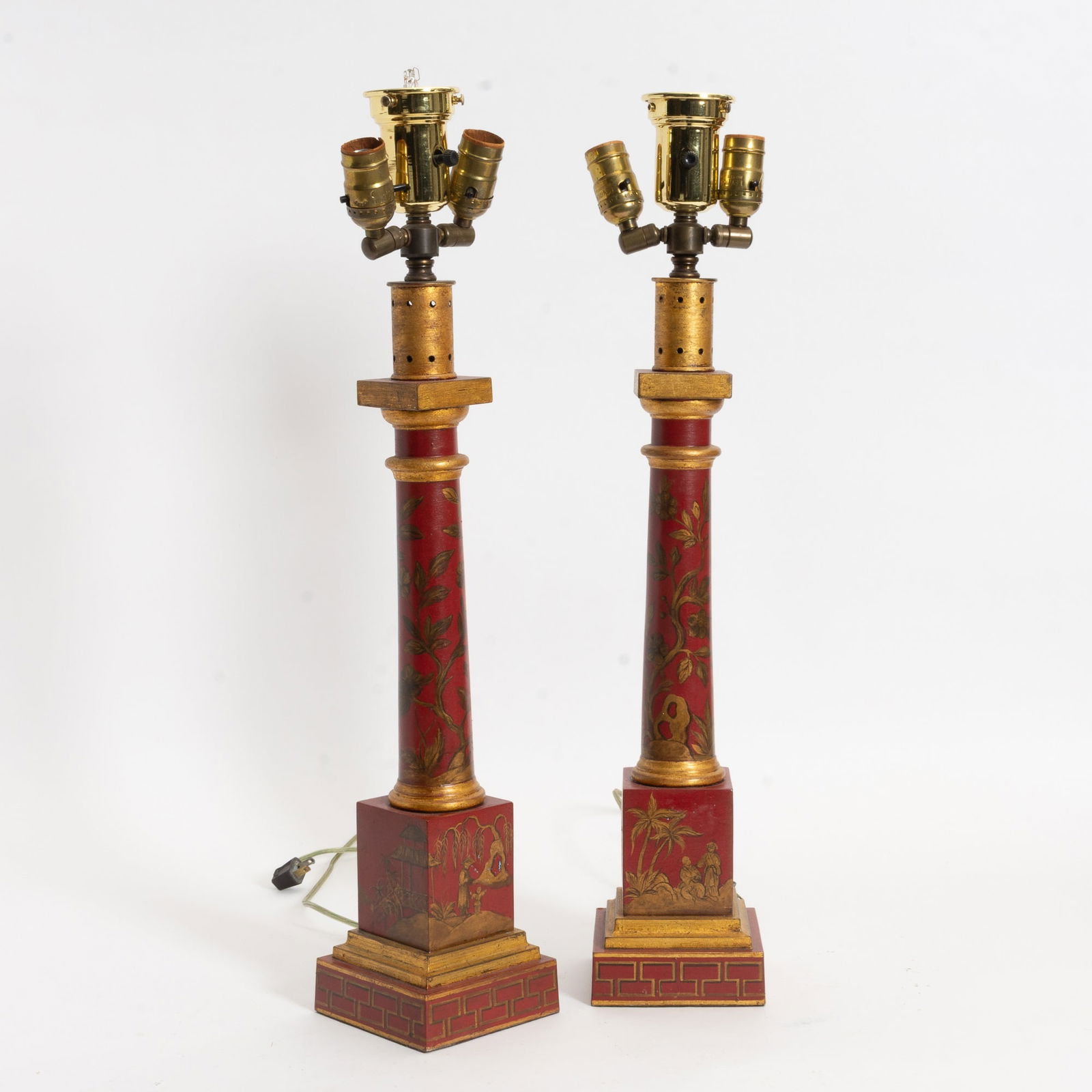 Pair of Red Lacquered and Parcel Gilt Columnar Form Lamps (1 of 5)