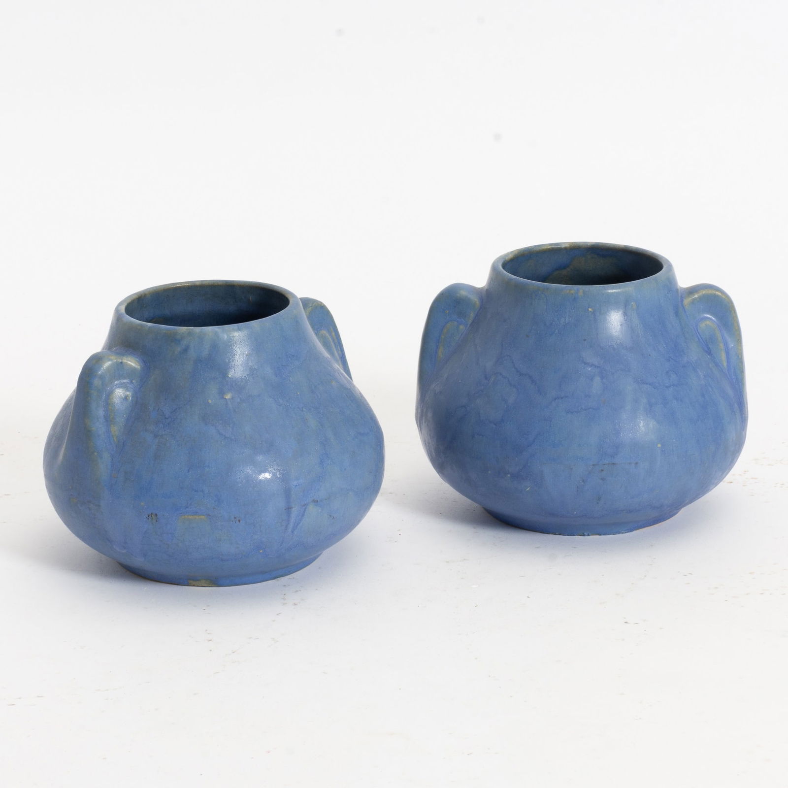 Pair of Blue Painted American Pottery: - (4 1/2" h x 6" dia) Crack