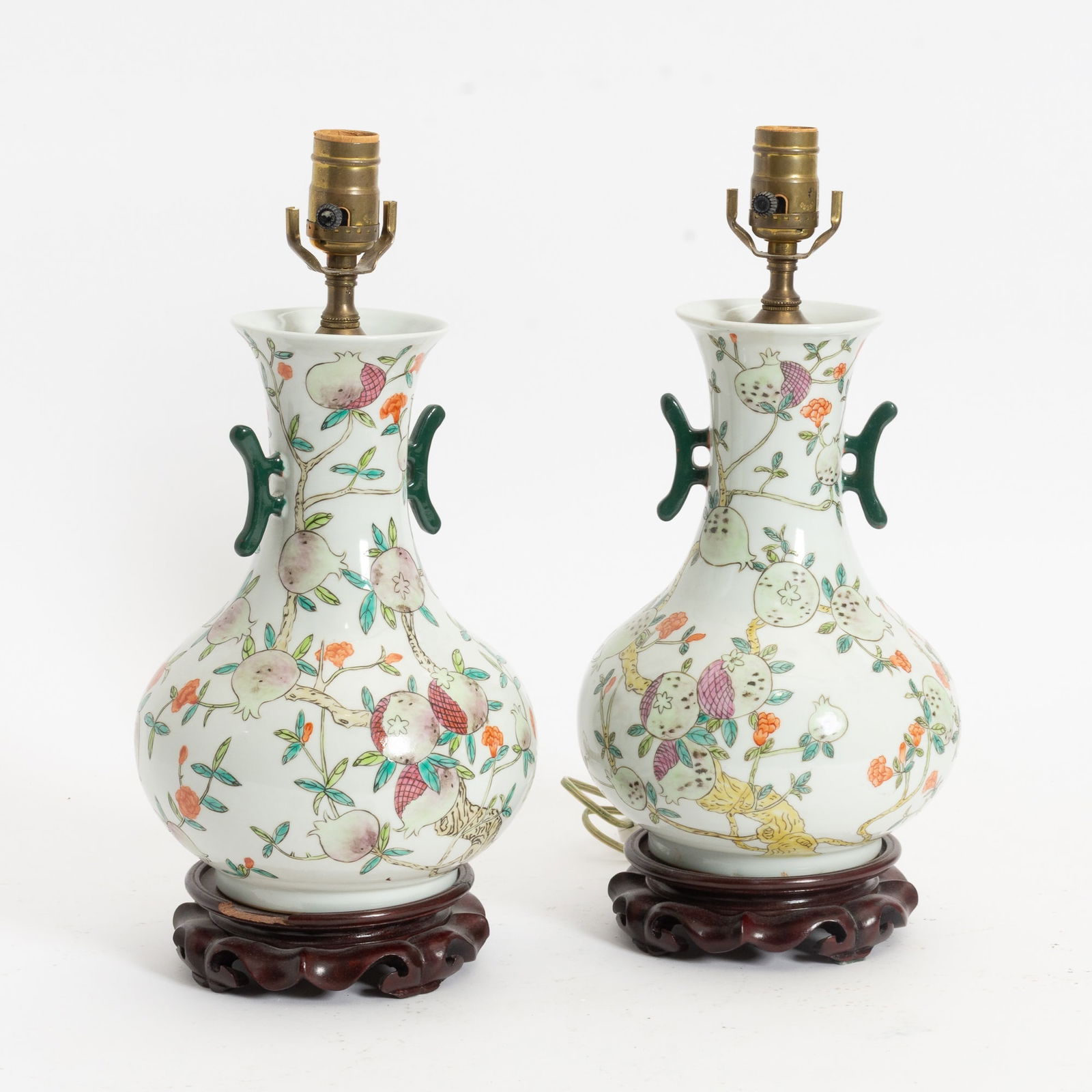 Pair of Chinese Porcelain Vases: Mounted as lamps (17" h) Cracks, old repairs, chips