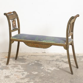 Louis Style Carved and Paint Decorated Bench with Pen and Ink Drawing