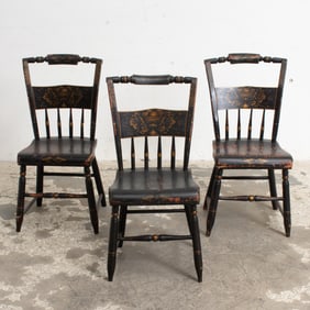 Set of Three American Black-Painted and Stenciled Side Chairs