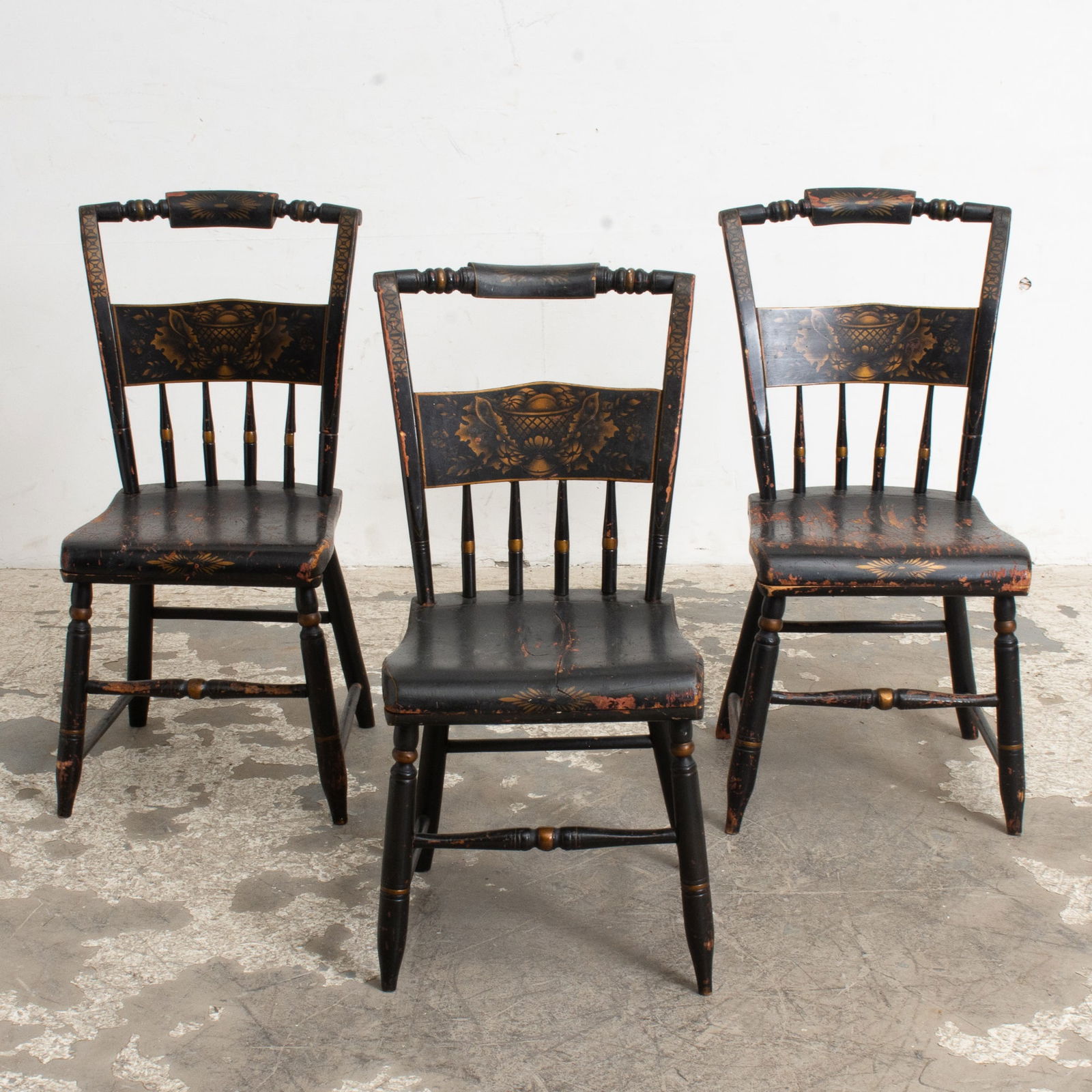 Set of Three American Black-Painted and Stenciled Side Chairs (1 of 5)