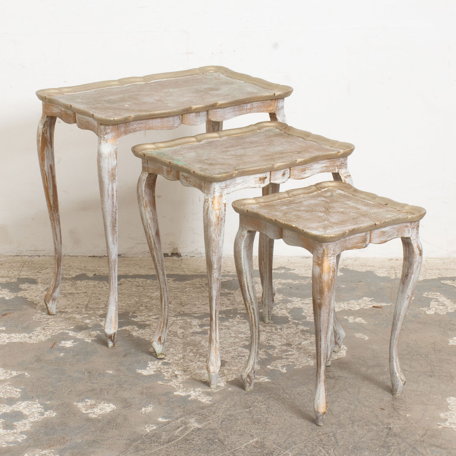 Set of Three Rococo Style Painted Nesting Tables: - (Largest 23" h x 21" w x 14" d) Distress to finish
