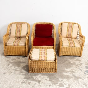 Set of Three Wicker Armchairs; Together with an Ottoman
