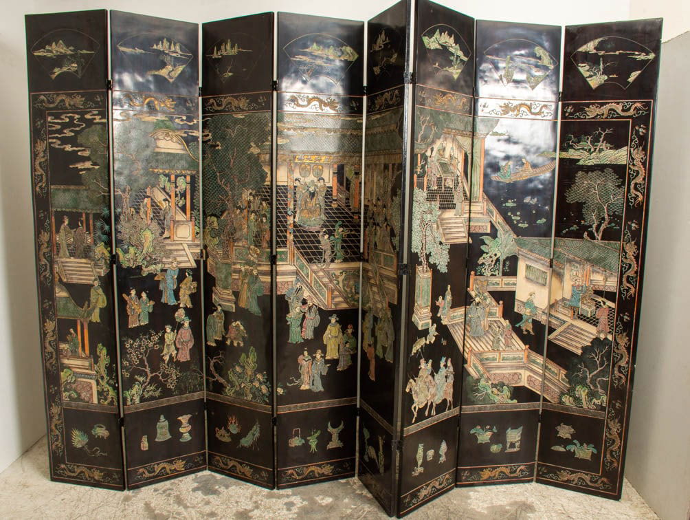 Asian Style Eight-Panel Carved Lacquer Screen (1 of 5)