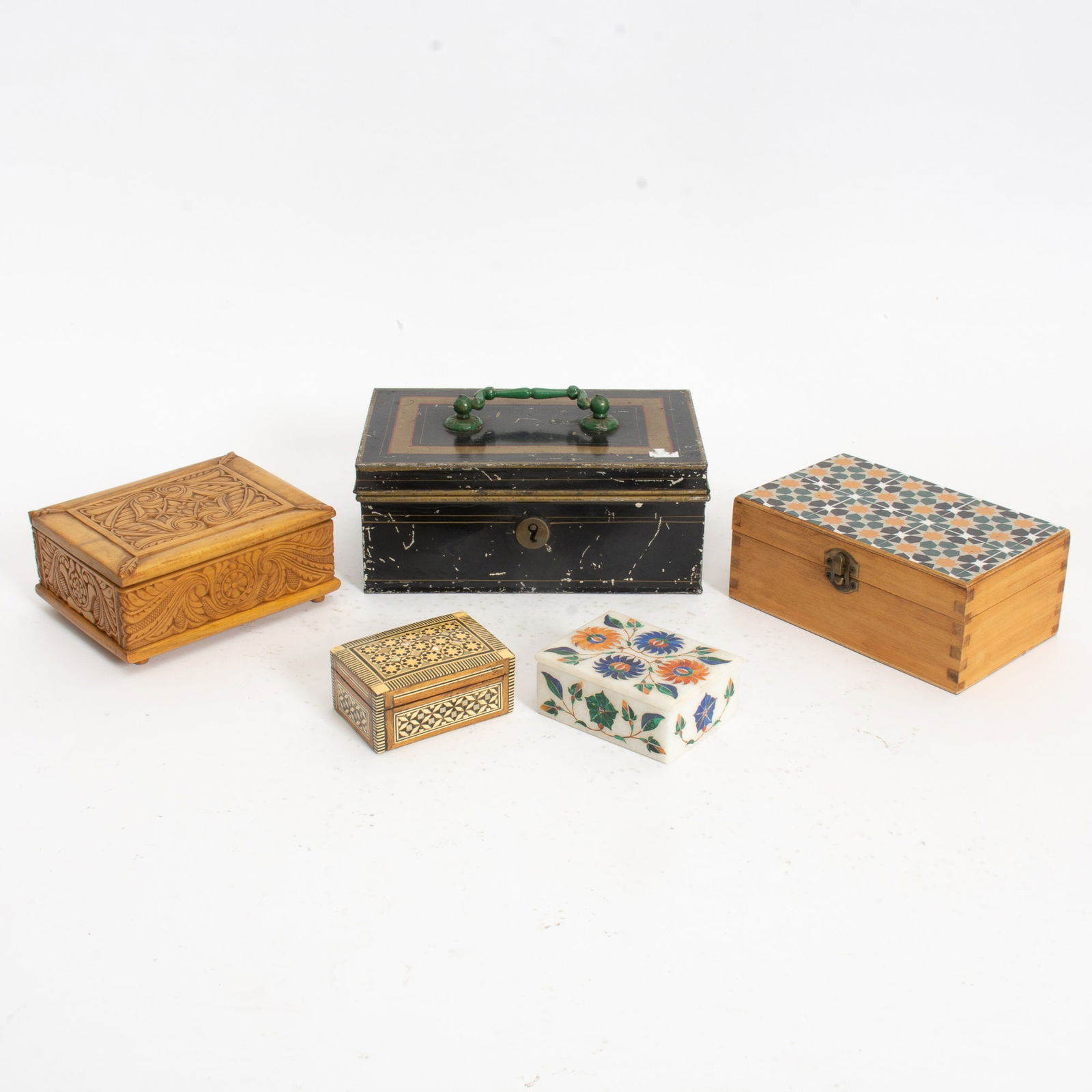 Assorted Group of Decorative Boxes: Five Including tole, wood, and hardstone examples (Largest 4" h x 9 1/2" w x 6" d) Overal wear