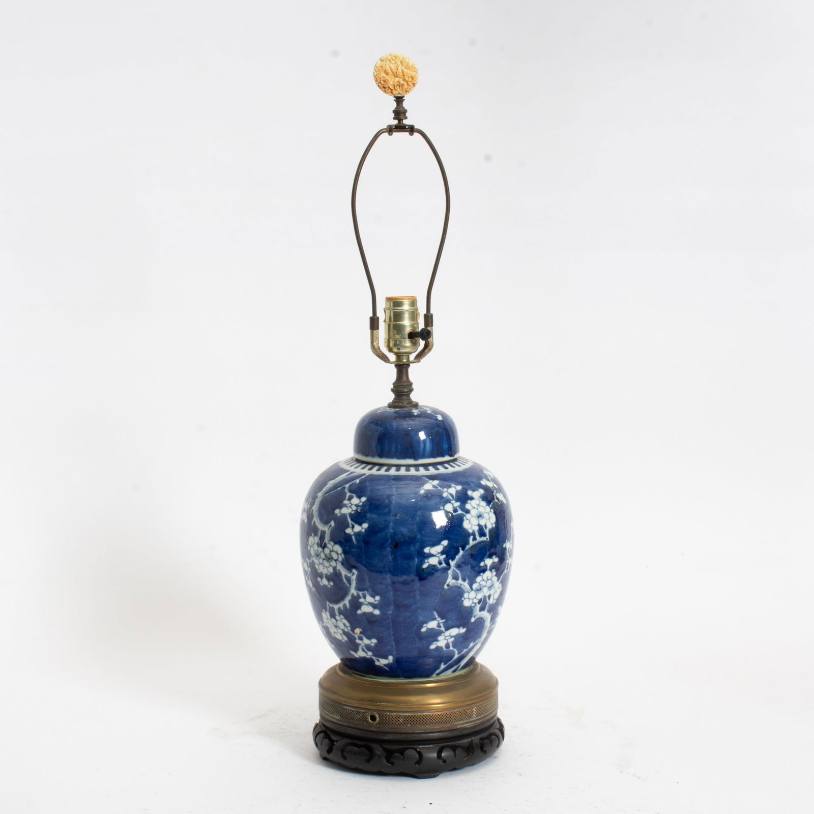 Chinese Blue and White Ginger Jar: Mounted as lamp (27" h) Untested, scratches, crack, hole