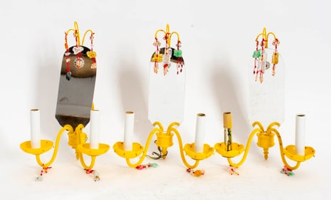 Set of Three Yellow Painted Metal Two-Light Sconces