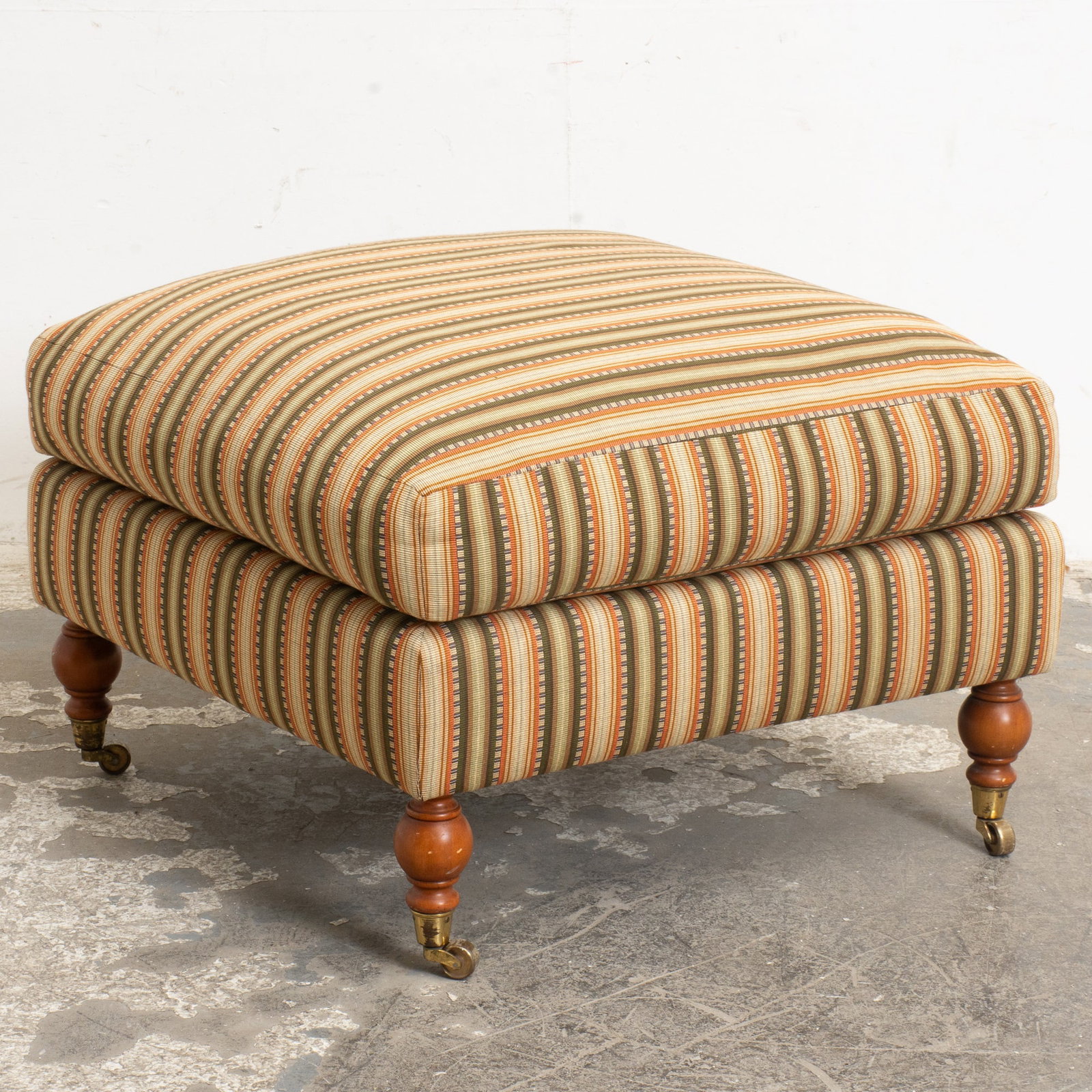 Brunschwig & Fils Upholstered Ottoman: - (17" h x 27 1/2" square) Scratches to legs