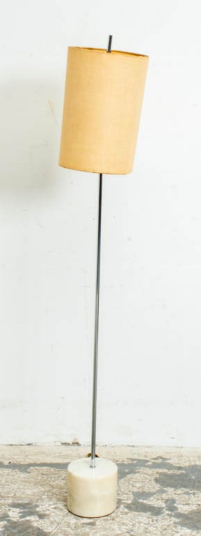 Chromed Metal and Marble Floor Lamp: Mid 20th centuryThe slender stem on a drum-form base. (56 1/4" h) Chips, scratches, stains and wear to shade, untested