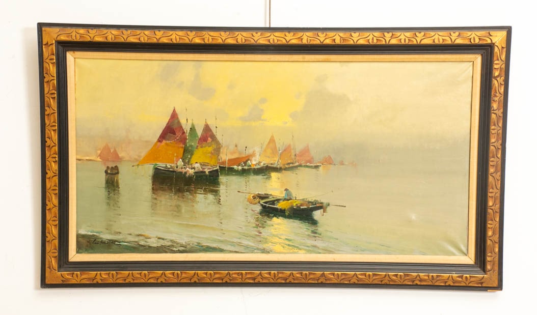Italian School: 20th Century Boats in a Harbor Oil on canvasSigned indistinctly (ll) (Sight 23 3/" h x 48" w Overall 31 3/4" x 56") Wear to frame, some warping to canvas