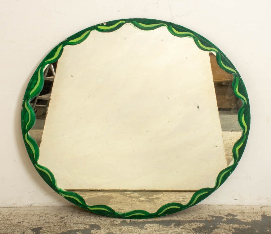 Paint-Decorated Frameless Mirror: 20th Century (39" dia) Soe loss to apint, scratches