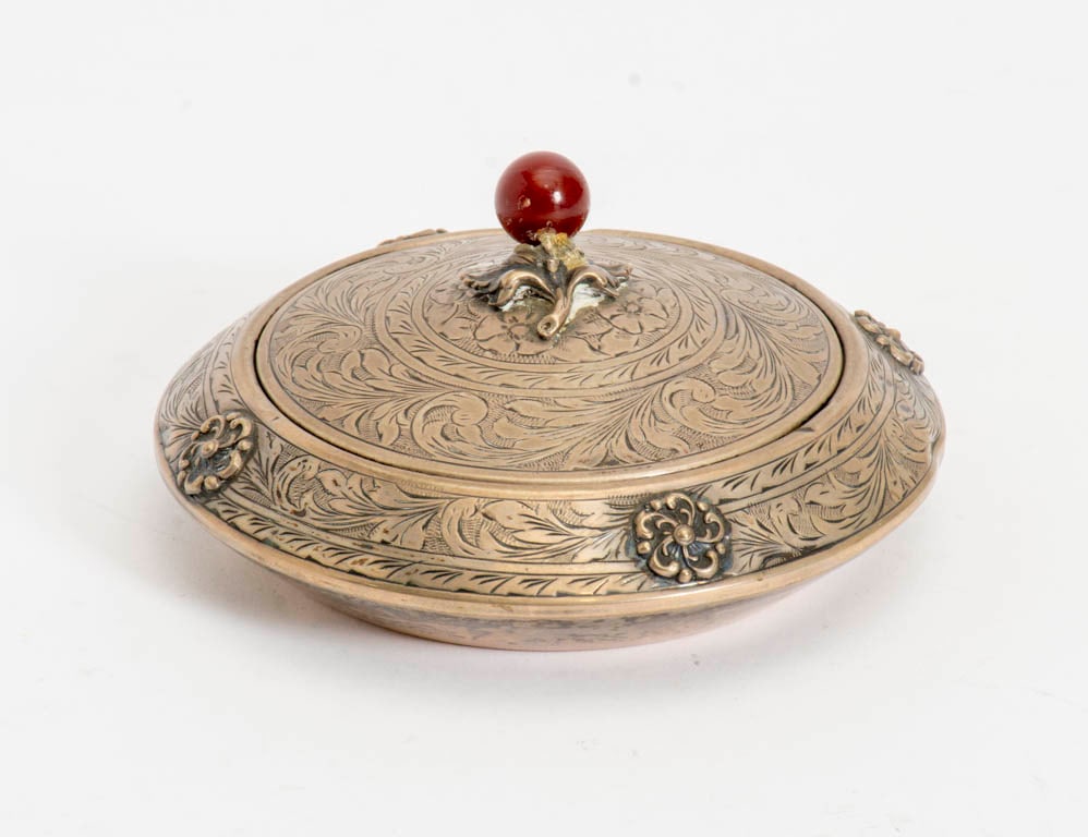 Italian Silver Box: 20th CenturyAppx. 4 ounces (1" h x 5" dia) Dings, chips to finial