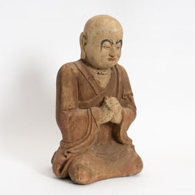 Provincial Chinese Carved and Lacquered Wood Figure of a Luohan