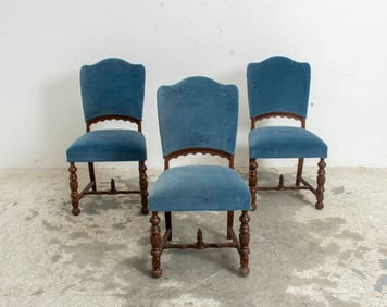 Group of Three Jacobean Style Walnut and Velvet Upholstered Dining Chairs