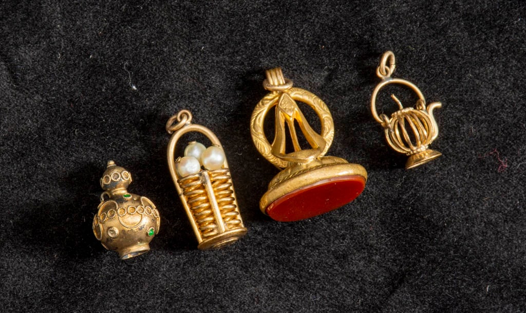 Four Gold-Filled, Metal, Cultured Pearl, Enamel and Carnelian Charms (1 of 3)