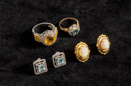 Group of Low Karat Gold, Silver, Silver-Gilt, Simulated Stone and Cameo Jewelry