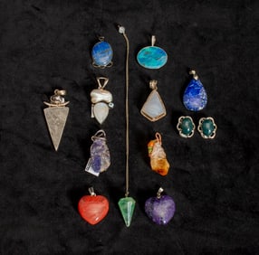 Group of Silver, Gem-Set, Hardstone and Simulated Stone Pendants and Costume Pendants