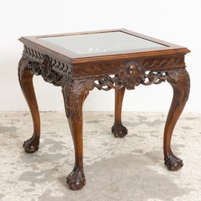 English Carved Wood Glass Insert Side Table