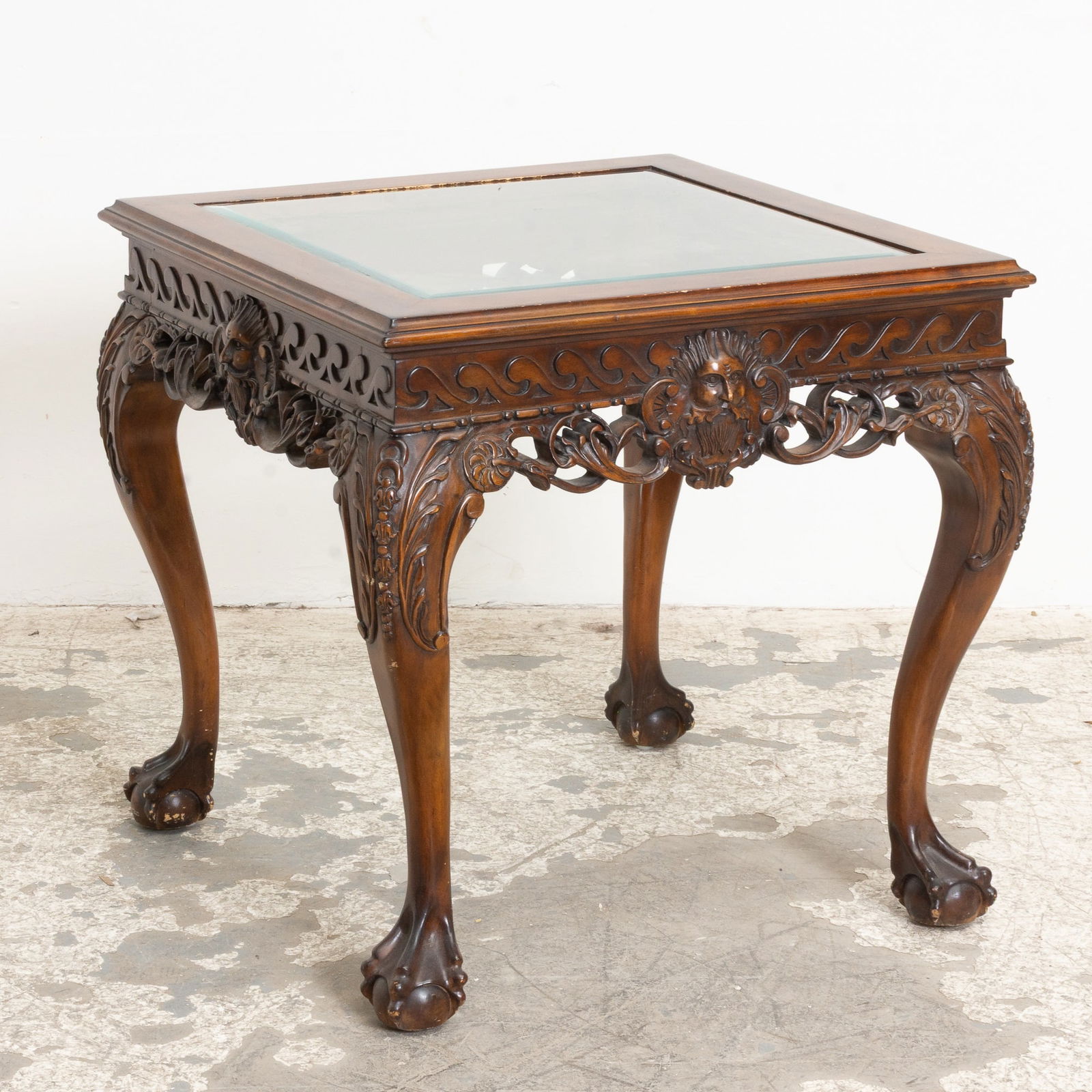 English Carved Wood Glass Insert Side Table: - (26 1/2" h x 27 1/2" square) Scratches and dings, wear to edge
