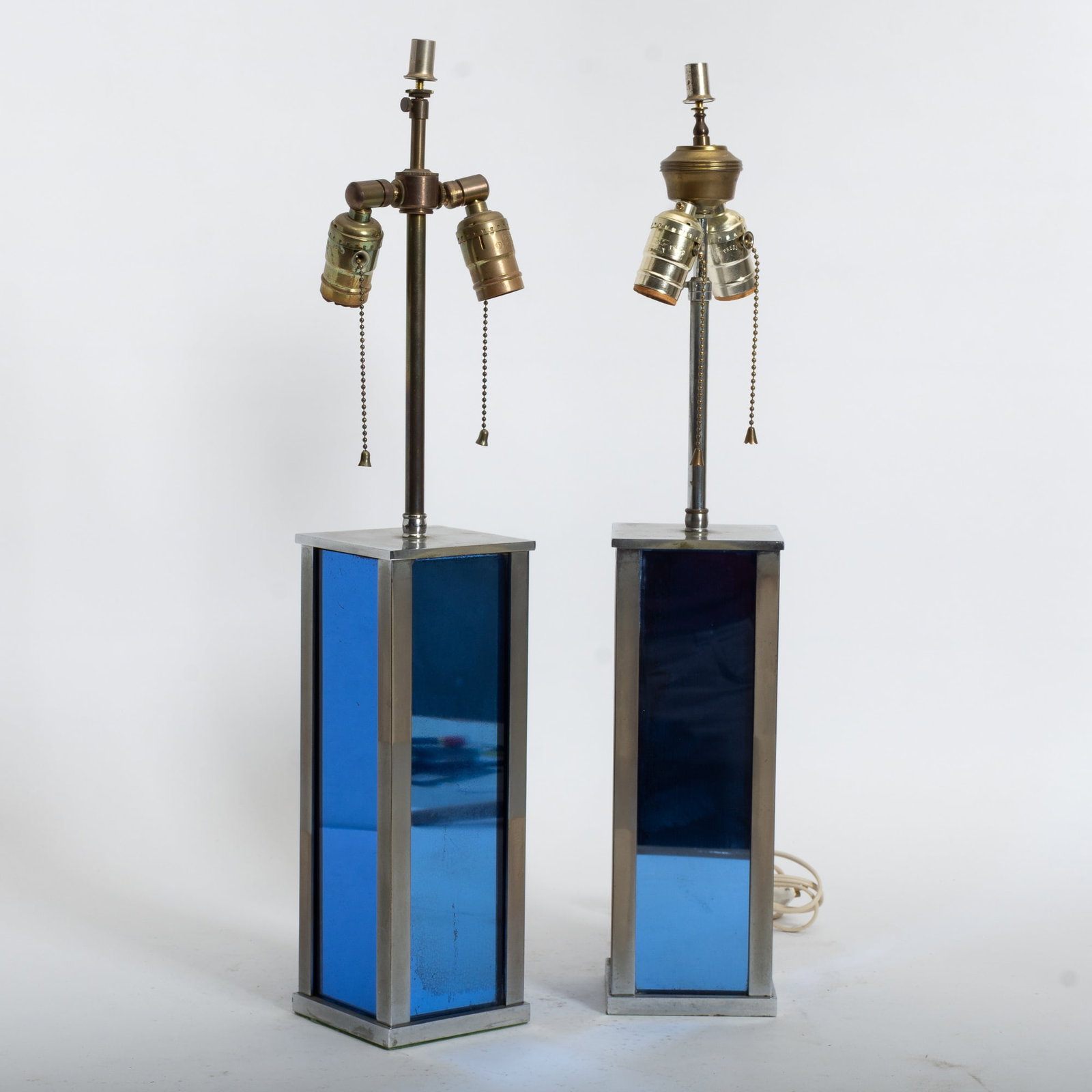 Pair of Chromed Metal and Blue Glass Lamps: Second half 20th century (Overall 25 1/2" h)