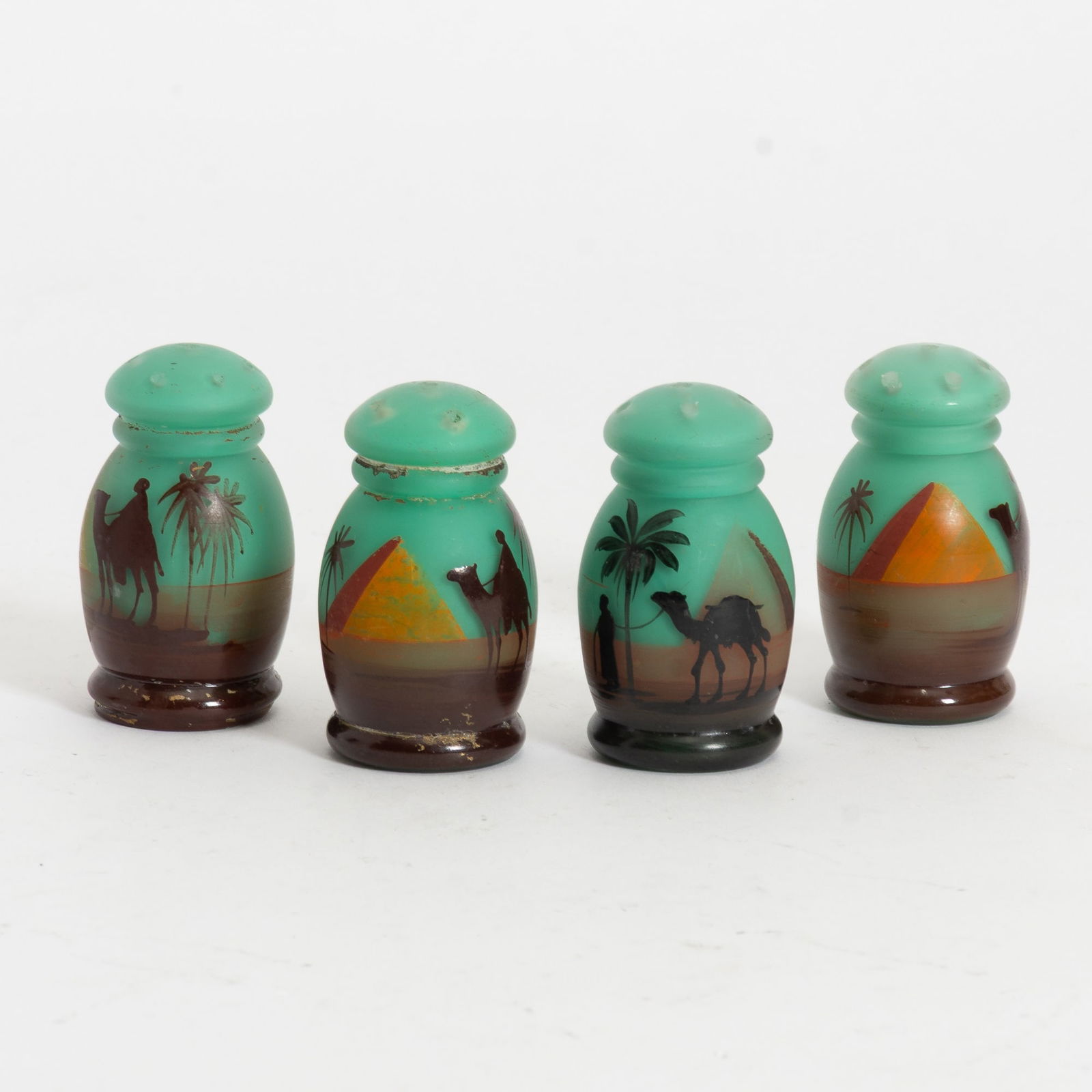 Set of Four Czechoslovakian Blown Glass Salt and Pepper Shakers: Paint decorated, depicting Egyptian scenes (2 1/2"h)