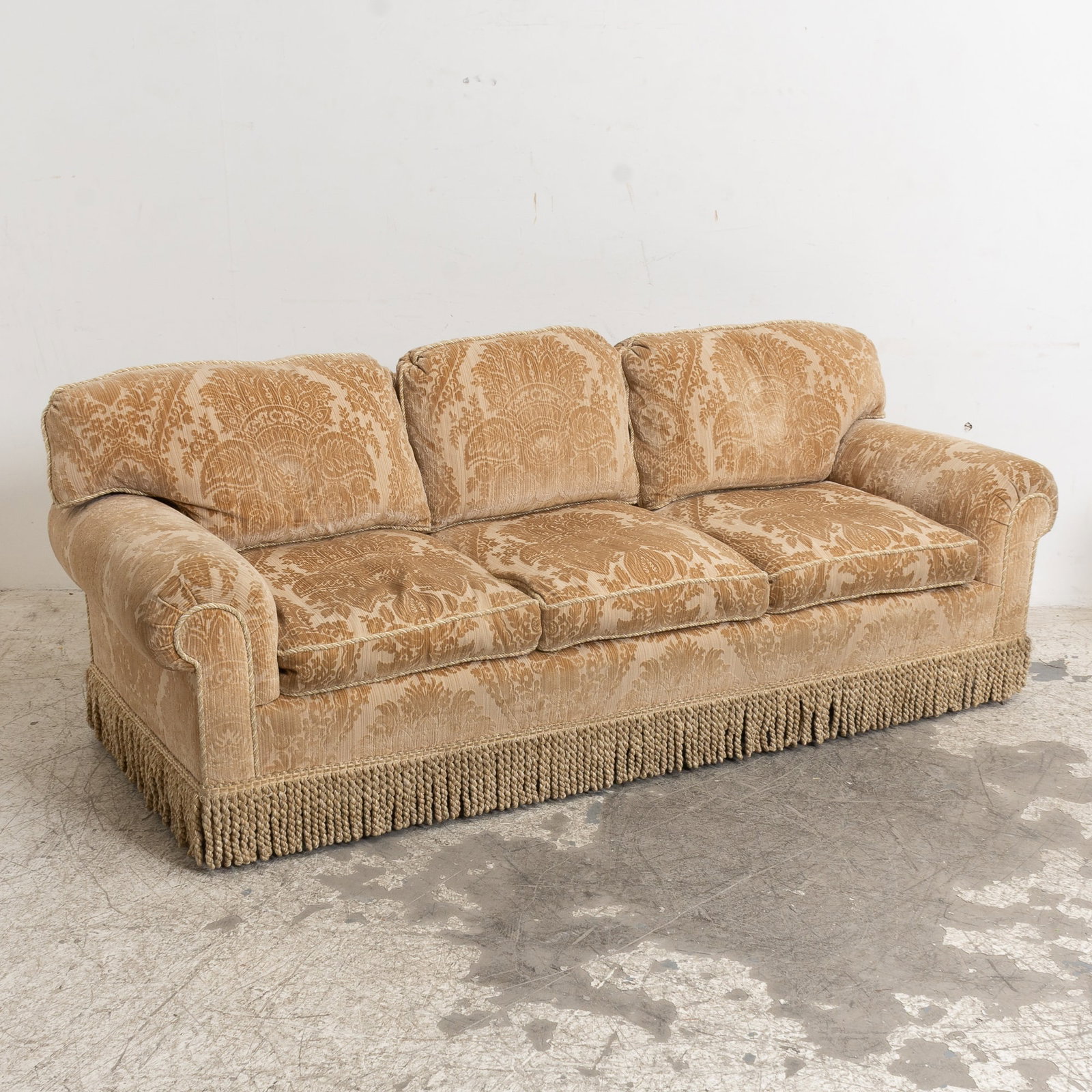 Custom Tan Velvet Damask Upholstered Sofa (1 of 5)