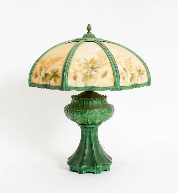 Arts and Crafts Slag Glass Painted Metal Lamp (1 of 5)