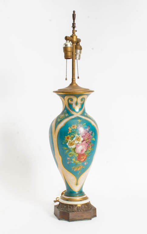 French Style Gilt and Hand-Painted Turquoise Ground Molded Glass Vase (1 of 4)