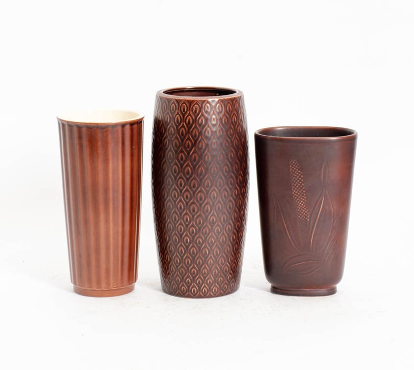 Group of Three Danish Modern Brown Ceramic Vases: - (Tallest 11 1/2" h)