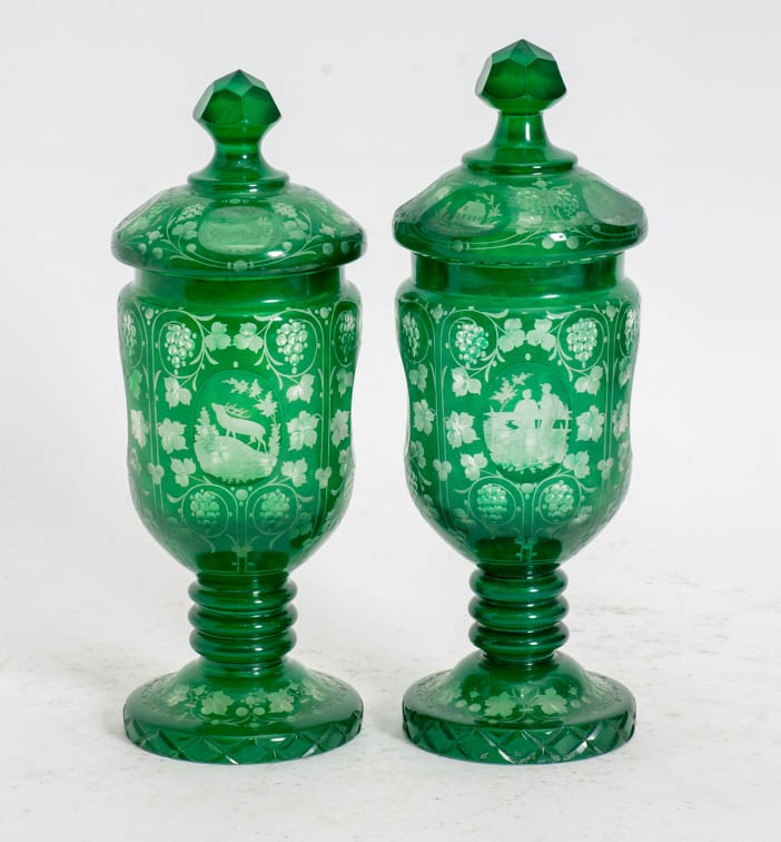 Pair of Bohemian Overlay Cut Glass Covered Pokals: - (12 1/2" h)