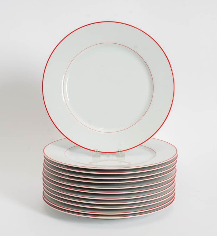 Set of Twelve Porcelain Red Rimmed Dinner Plates: International Colorworks (12 1/4" dia)