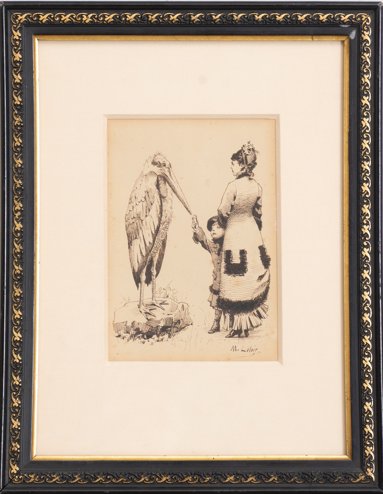 Maurice Leloir: Feeding the Stork Black and brown ink on paper Signed (lr) (Sight 8 1/2" h x 4 3/4" w Overall 13 1/8" x 10 3/8")
