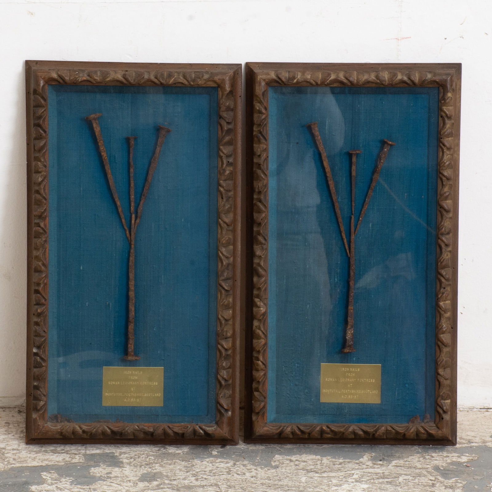 Pair of Four Framed Iron Nail Displays: From the Roman Legionary Fortress at Scotland (Overall 22 1/8" h x 12 1/4" w)Oxidation from age, bits falling