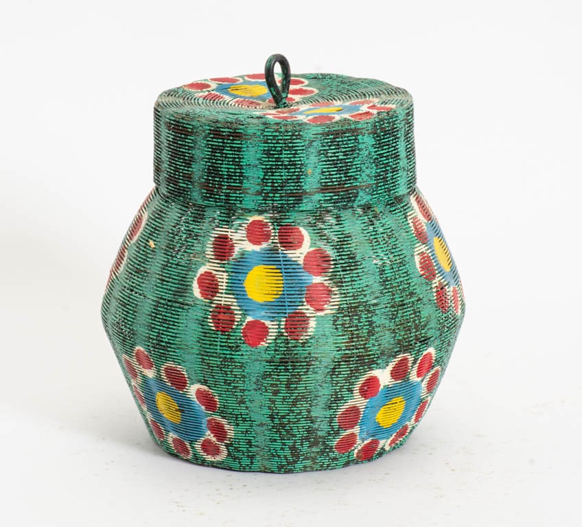 African Paint Decorated Woven Metal Lidded Basket (1 of 2)