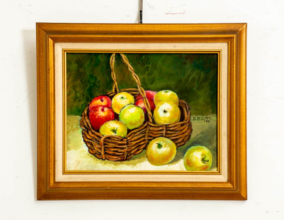 Basket of Apples: Signed mid right: J. Fischer 194 Oil on board (Sight - H: 10 1/2" W: 13 1/4" Framed - H: 15 3/4 W: 18 3/4" )