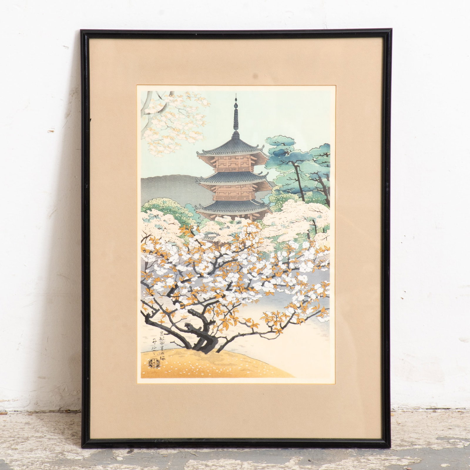 Japanese School: Cherry Blossoms in KyotoSigned (Sight 15"h x 10" w Overall 21 1/4" x 15 5/8")Good