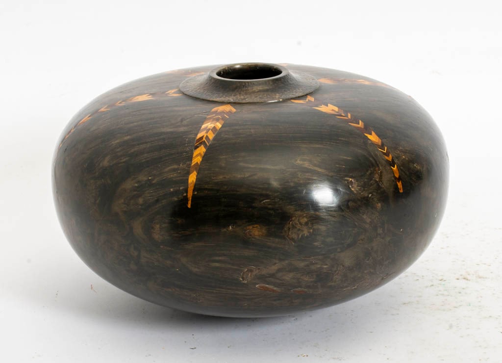 Painted Maple Burlwood Vase: With parquetry inlaid (6 1/2"h x 12" dia)