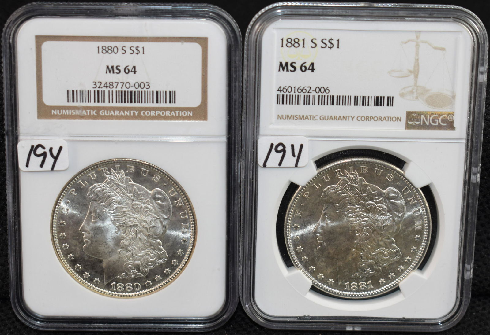 1880-S & 1881-S MORGAN DOLLARS - NGC MS64: 1880-S & 1881-S MORGAN DOLLARS - NGC MS64 (THE CURRENT NGC PRICE GUIDE LISTS A MS64 FOR EACH DATE @ $85.00 - PLUS THE NGC GRADING COSTS)