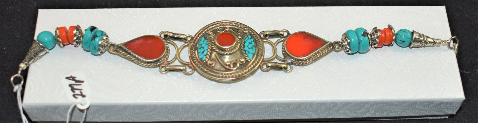 CHOICE TIBETAN CORAL & TURQUOISE STERLING BRACELET: CHOICE TIBETAN CORAL & TURQUOISE STERLING SILVER BRACELET - MEASURES APPROX. 10 INCHES IN LENGTH