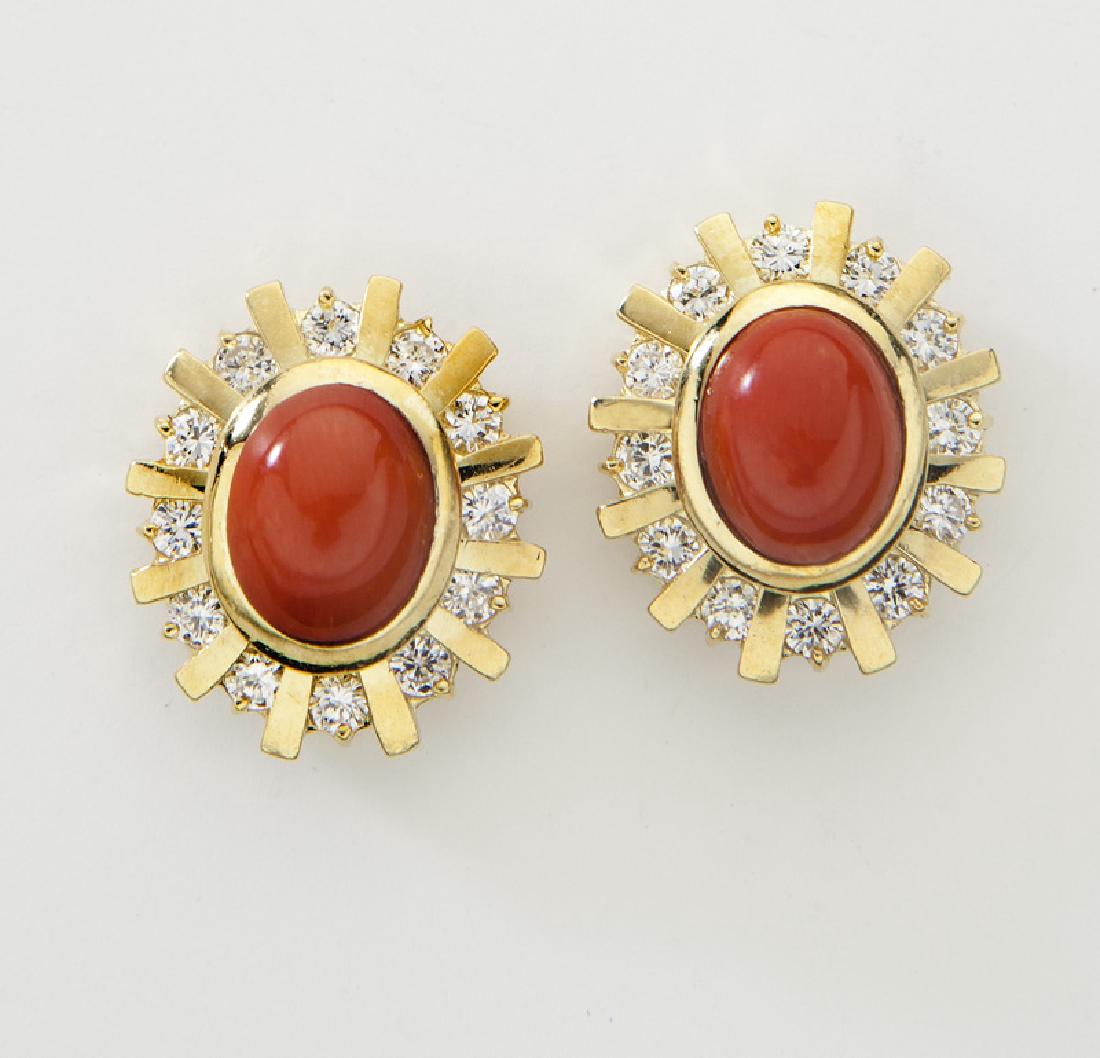 Pair 18K gold, oxblood coral and diamond earrings (1 of 2)