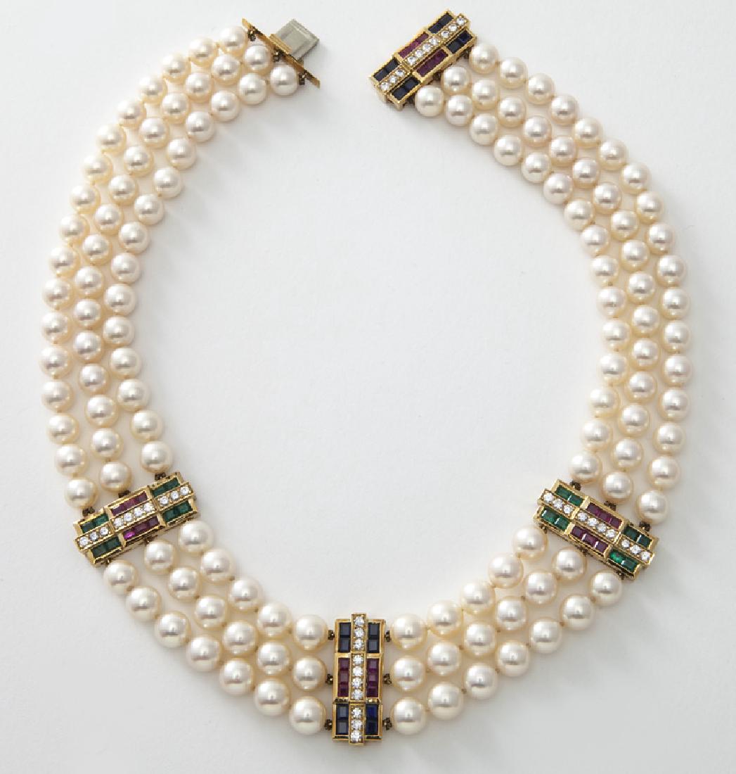 Julius Cohen 18K gold, diamond, sapphire, emerald,: Julius Cohen 18K gold, diamond, sapphire, emerald, ruby and pearl necklace featuring three rows of cultured pearls, 8-8.5mm, white with rose overtones, with four 18K gold spacers mounted with step cut