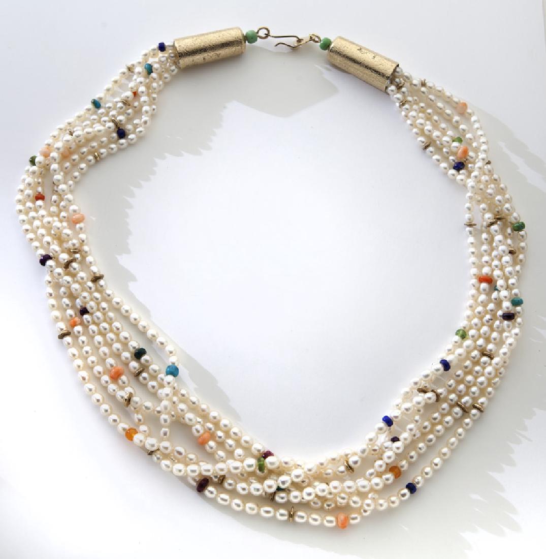 14K gold six-strand cultured pearl necklace, (1 of 2)