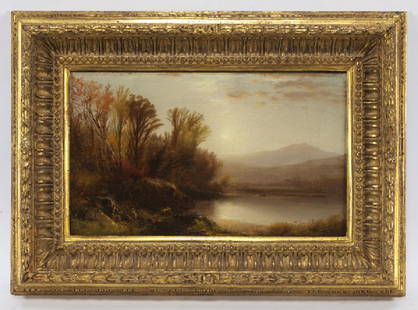 William M. Hart "Early Sun, Lake George" oil on: William M. Hart "Early Sun, Lake George" oil on canvas, 1860. Signed lower right, "WM HART". Canvas: 10.5"H x 17.625"W; Frame: 17.875"H x 24.875"W. PROVENANCE: A. J. Kollar Fine Paintings, Seattle,