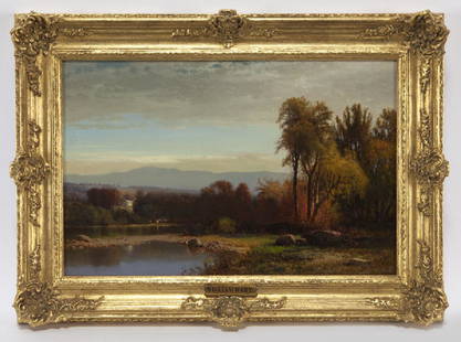 William M. Hart "Sunset on Catskill Creek, N.Y.": William M. Hart "Sunset on Catskill Creek, N.Y." oil on panel, 1869. Signed and dated lower right, "WM HART 69". Board: 11.75"H x 18"W; Frame: 16.25"H x 22.5"W. PROVENANCE: Alexander Gallery, New